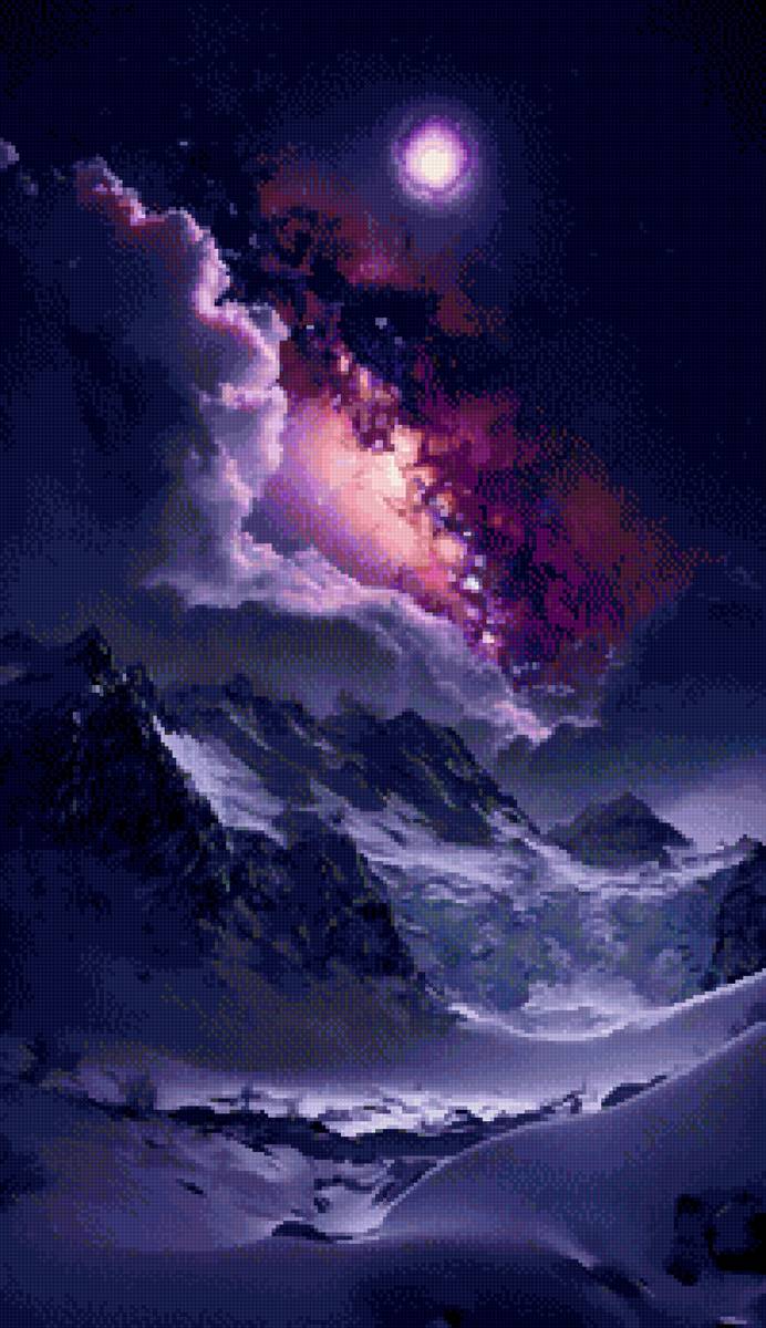 Волшебная ночь - луна, ночь, горы - предпросмотр