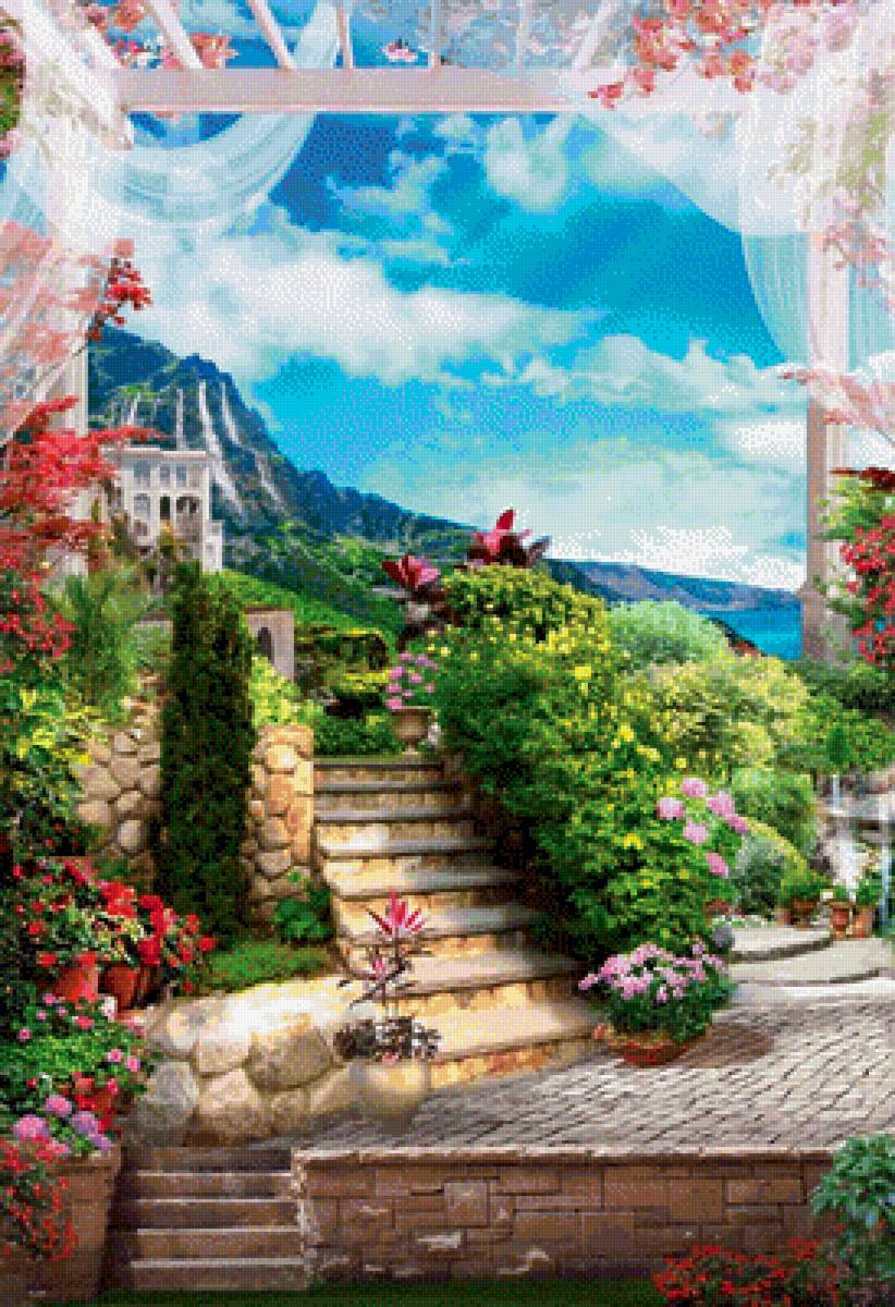 Вид на море - море, цветы, терраса - предпросмотр