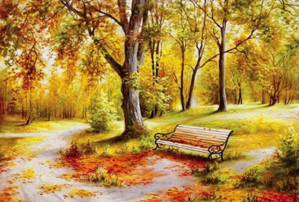 Осень в парке - деревья, скамейка, живопись, осень, пейзаж - оригинал