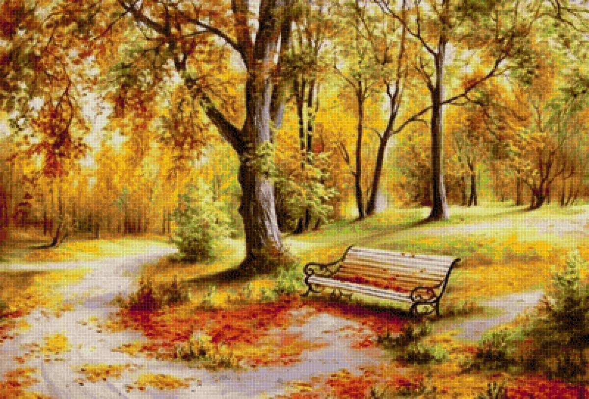 Осень в парке - осень, пейзаж, деревья, живопись, скамейка - предпросмотр