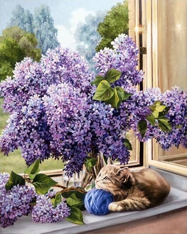 На окне - котенок, сирень - оригинал