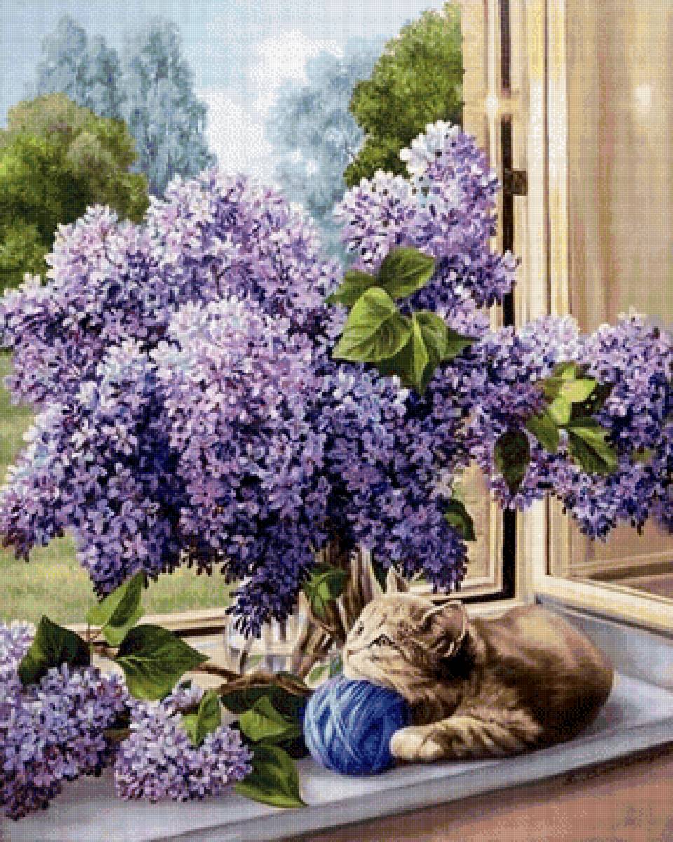 На окне - котенок, сирень - предпросмотр