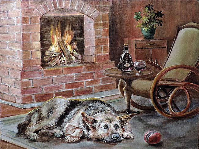 У камина - спокойствие, собака, огонь, камин, уют, кресло качалка - оригинал