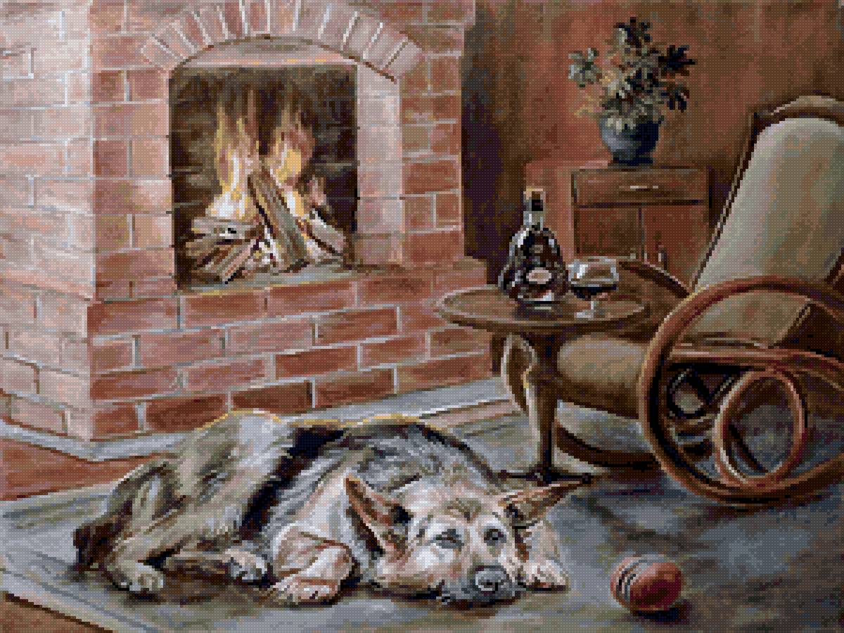 У камина - собака, уют, спокойствие, кресло качалка, камин, огонь - предпросмотр