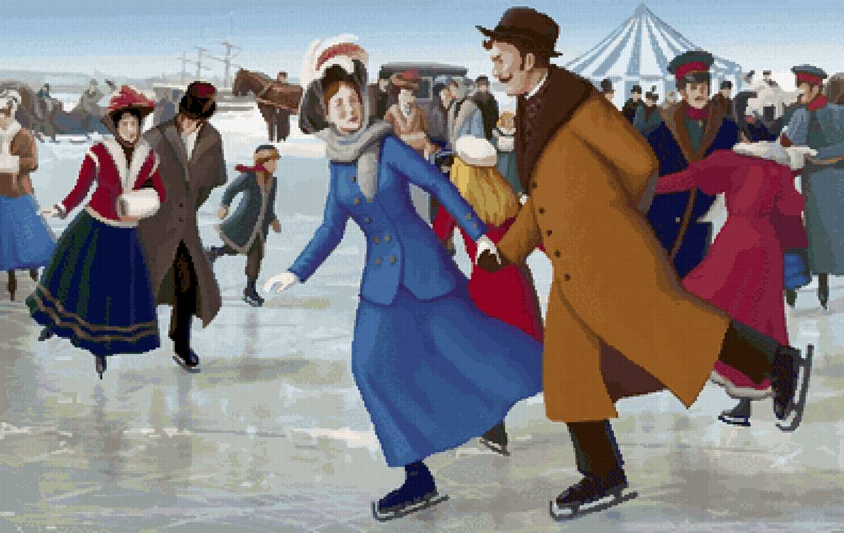 На катке - каток. мужчина, люди, картина, женщина, зима, живопись - предпросмотр