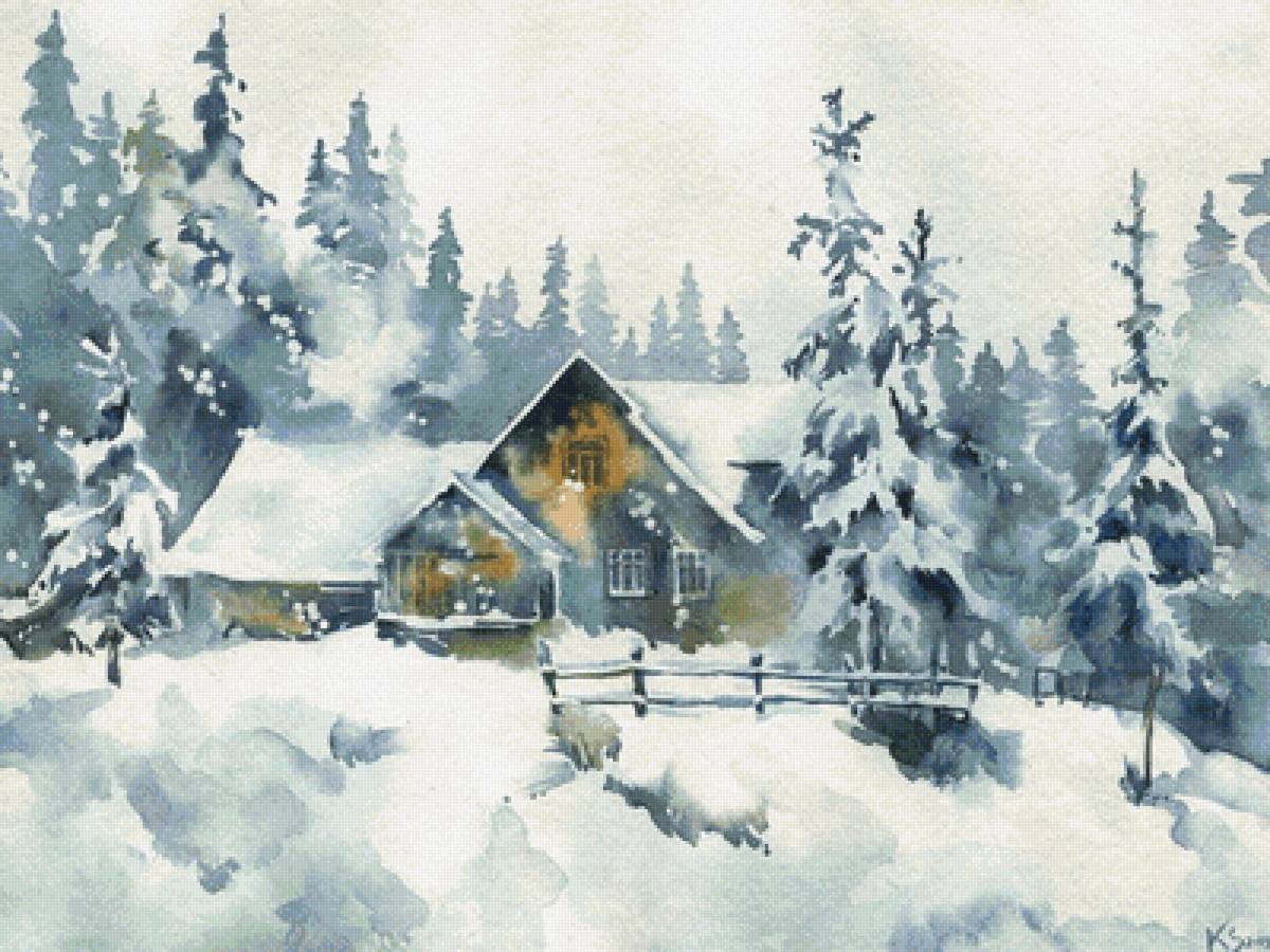 Зимний пейзаж в акварели - художники - предпросмотр