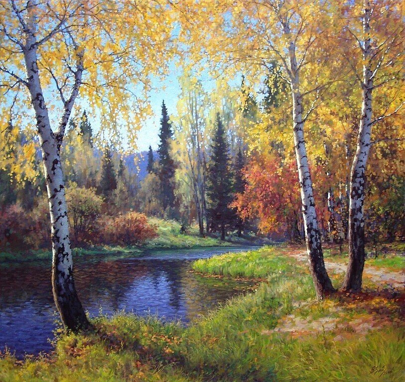 Солнечный октябрь - берег, осень, лес, березы, озеро - оригинал