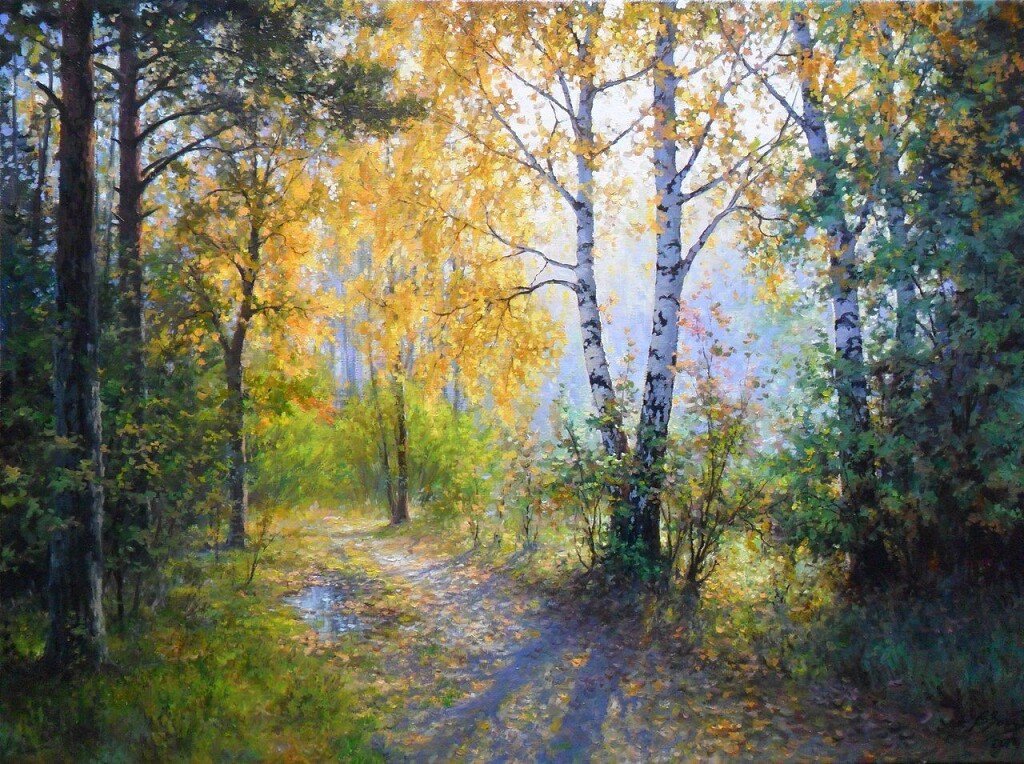 Осеннее утро - лес, туман, дорога, листья, осень - оригинал