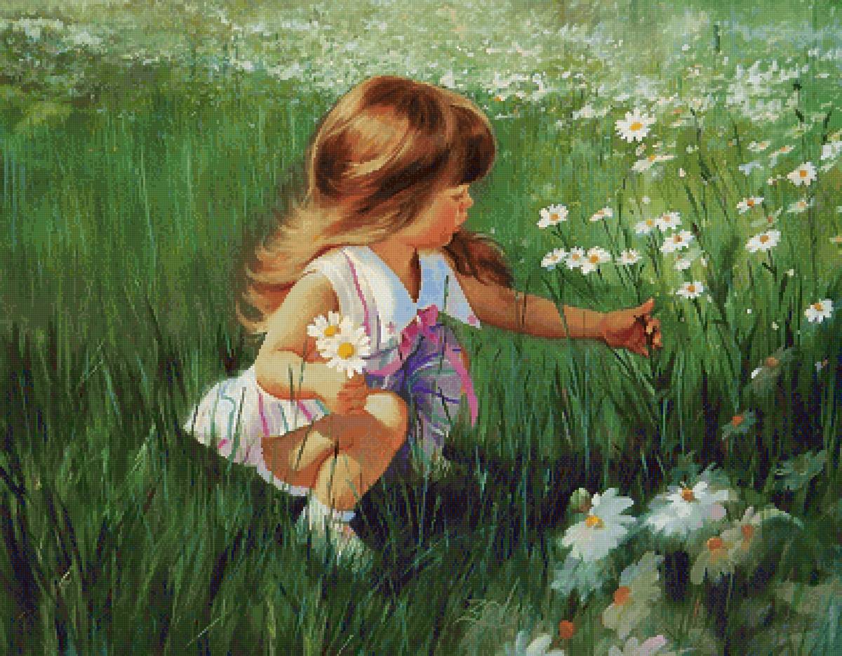 Букет. По картине Дональда Золана - девочка, картины, ребенок, картина, цветы, живопись, пейзаж - предпросмотр