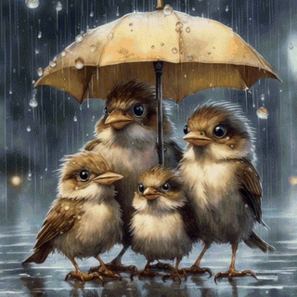 Ненастье - птицы, зонт, дождь - предпросмотр