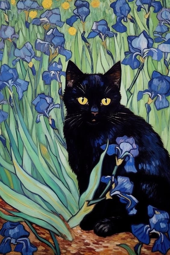 Черный кот и ирисы - живопись, ирисы, цветы, кот, домашние животные - оригинал