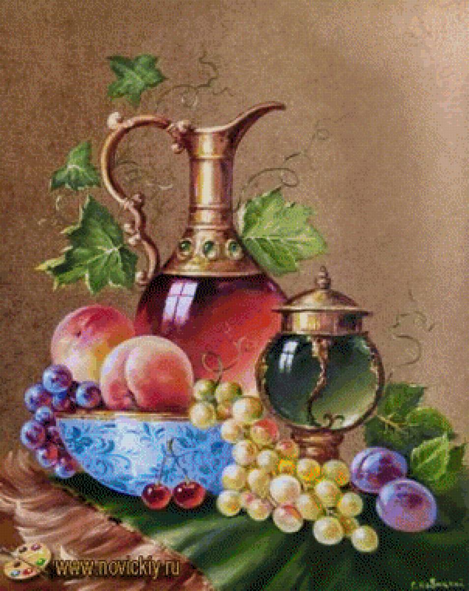 Фруктовый натюрморт - яблоки, персик, виноград - предпросмотр