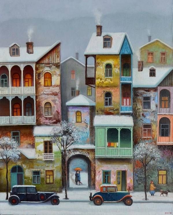 Городской пейзаж - зима, люди, город, транспорт, дом - оригинал