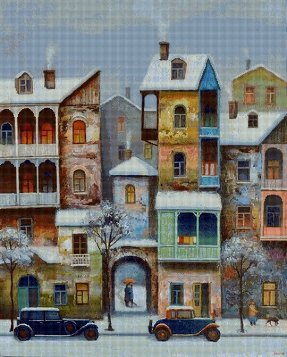 Городской пейзаж - город, зима, транспорт, дом, люди - предпросмотр