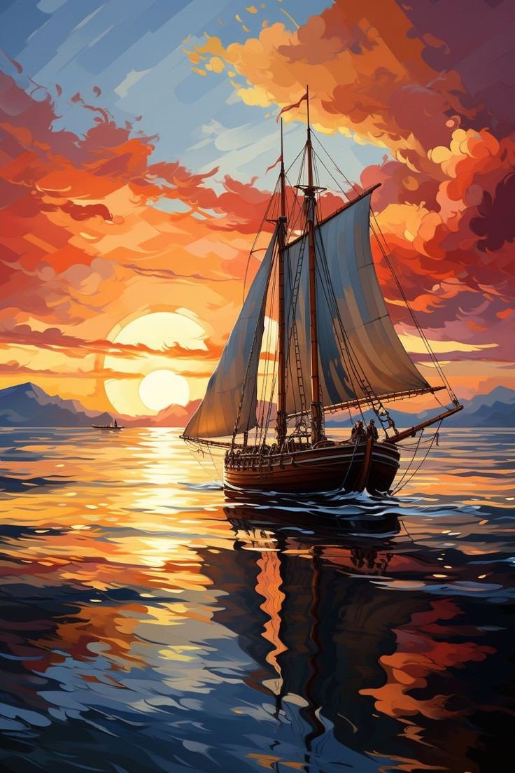 Парусник - море, закат, парусник - оригинал