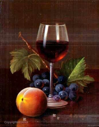Натюрморт - персик, бокал, виноград - оригинал