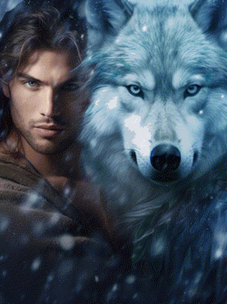 мужчина и волк - волк, взгляд, мужчина, глаза - предпросмотр