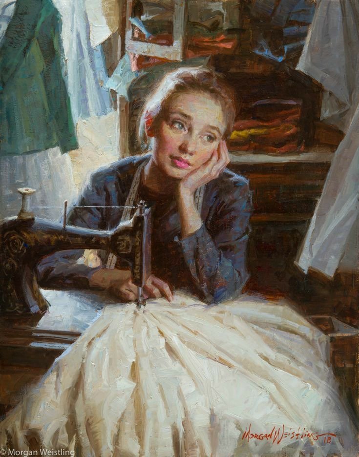 Морган Вейстлинг. Девушка за швейной машиной. - портниха, мечта, швейная машина, девушка, швея, шитье - оригинал