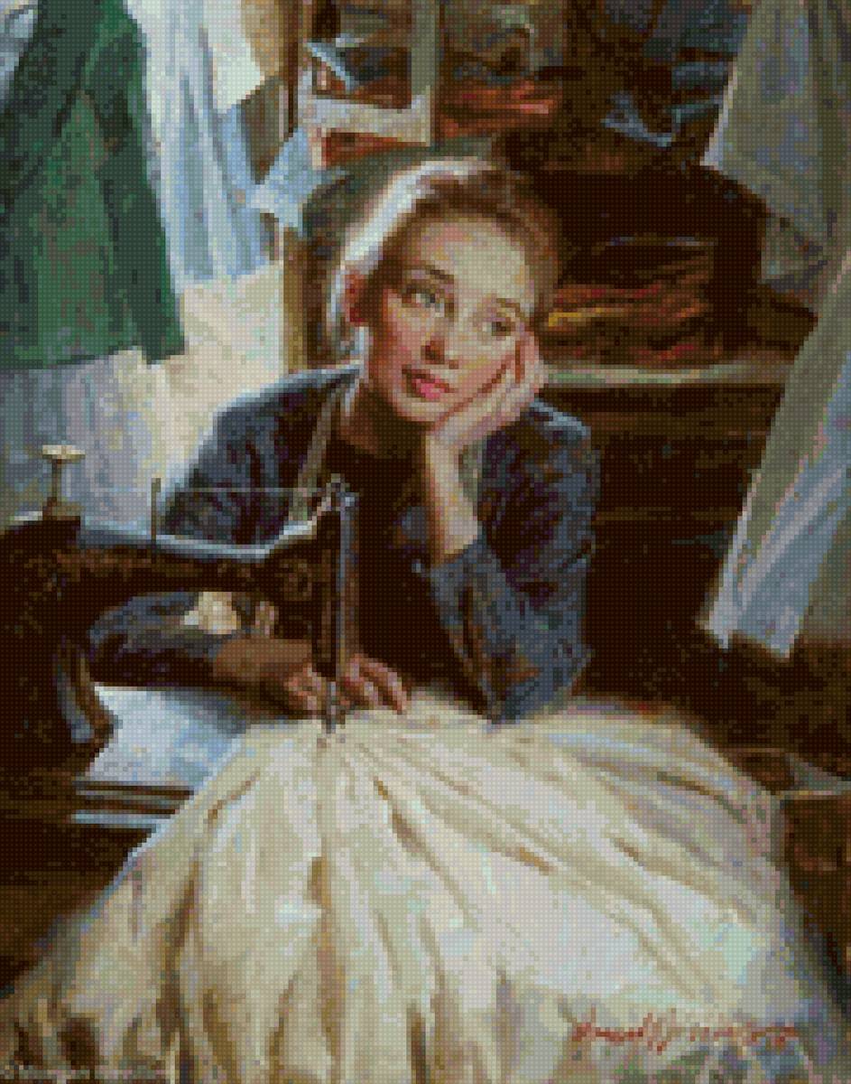 Морган Вейстлинг. Девушка за швейной машиной. - швея, портниха, девушка, шитье, швейная машина, мечта - предпросмотр