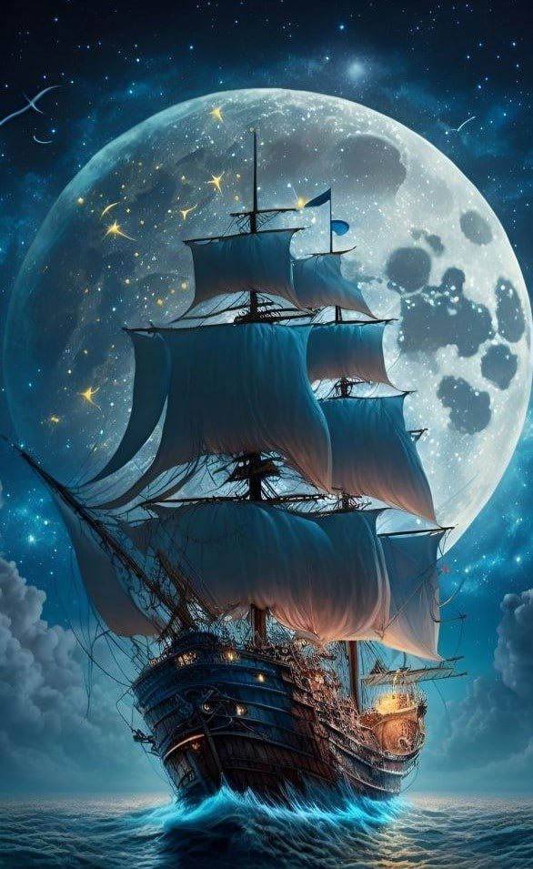 Корабль - корабль, океан, ночь, луна, море - оригинал