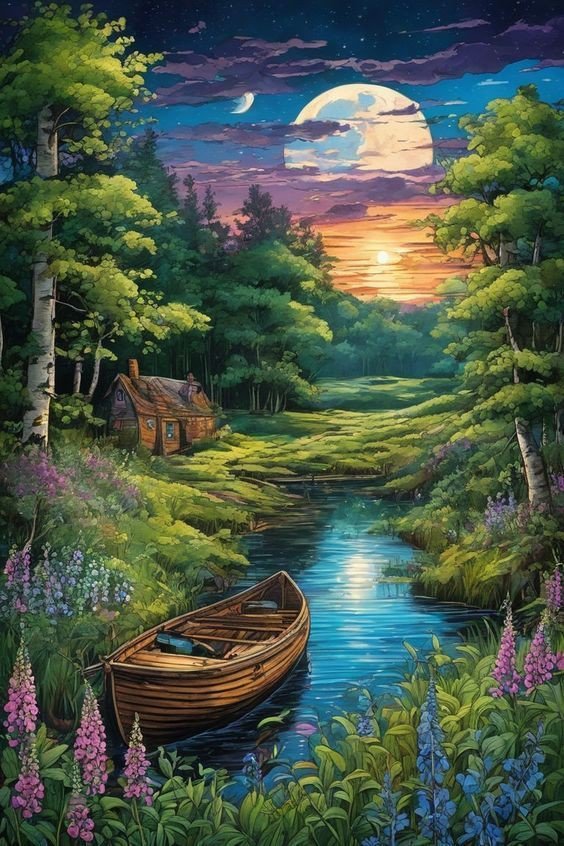 Лес, луна, лодка - лодка, река, луна, лес - оригинал