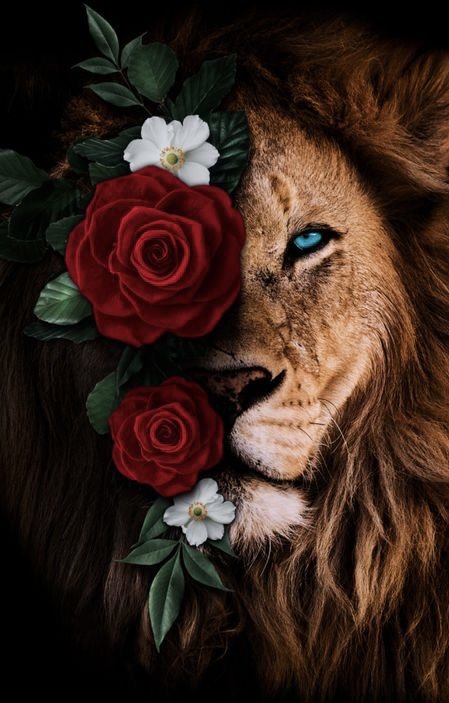 1/2 Лев с цветами - лев цветы - оригинал