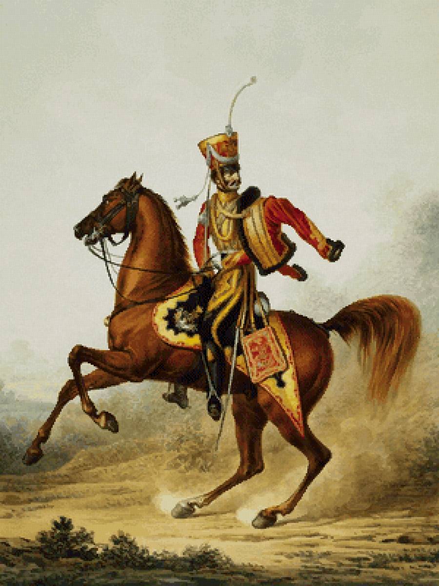 Штаб-офицер  гусарского полка. По картине А.Зауэрвейда. - живопись, кони, женщина, картины, художники, картина - предпросмотр