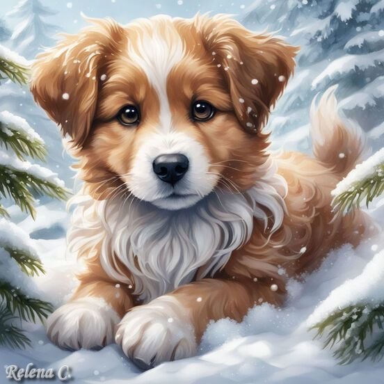 На снежной перине - зима, щенок, снег, домашние животные - оригинал