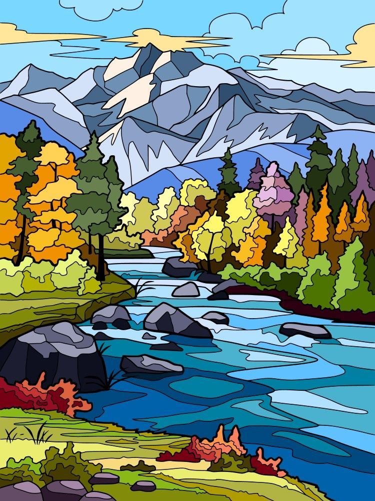 Пейзаж. Иллюстрация - река, пейзаж, природа, горы, лес - оригинал