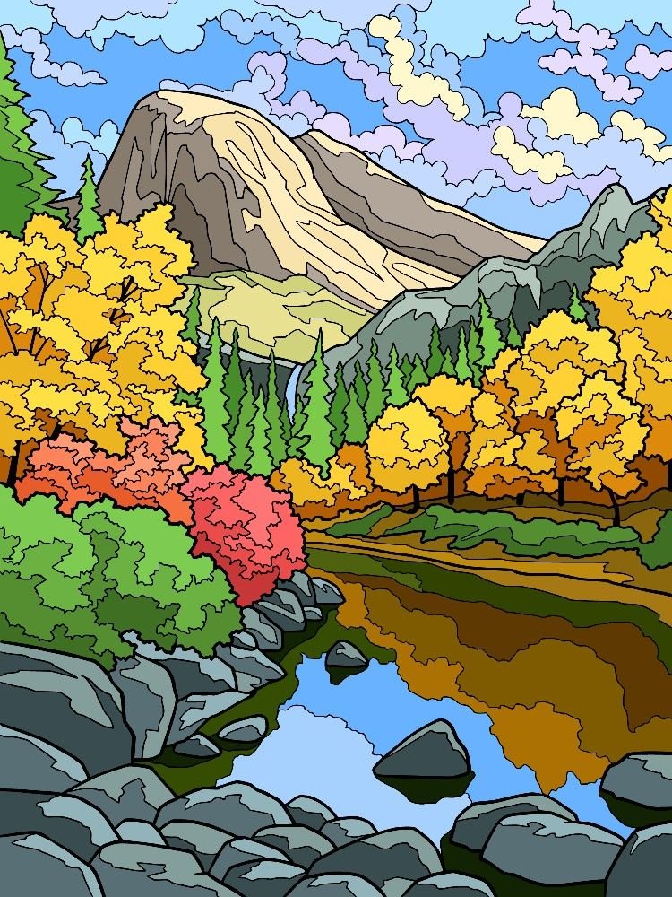 Пейзаж. Иллюстрация 2 - лес, пейзаж, природа, горы, река - оригинал