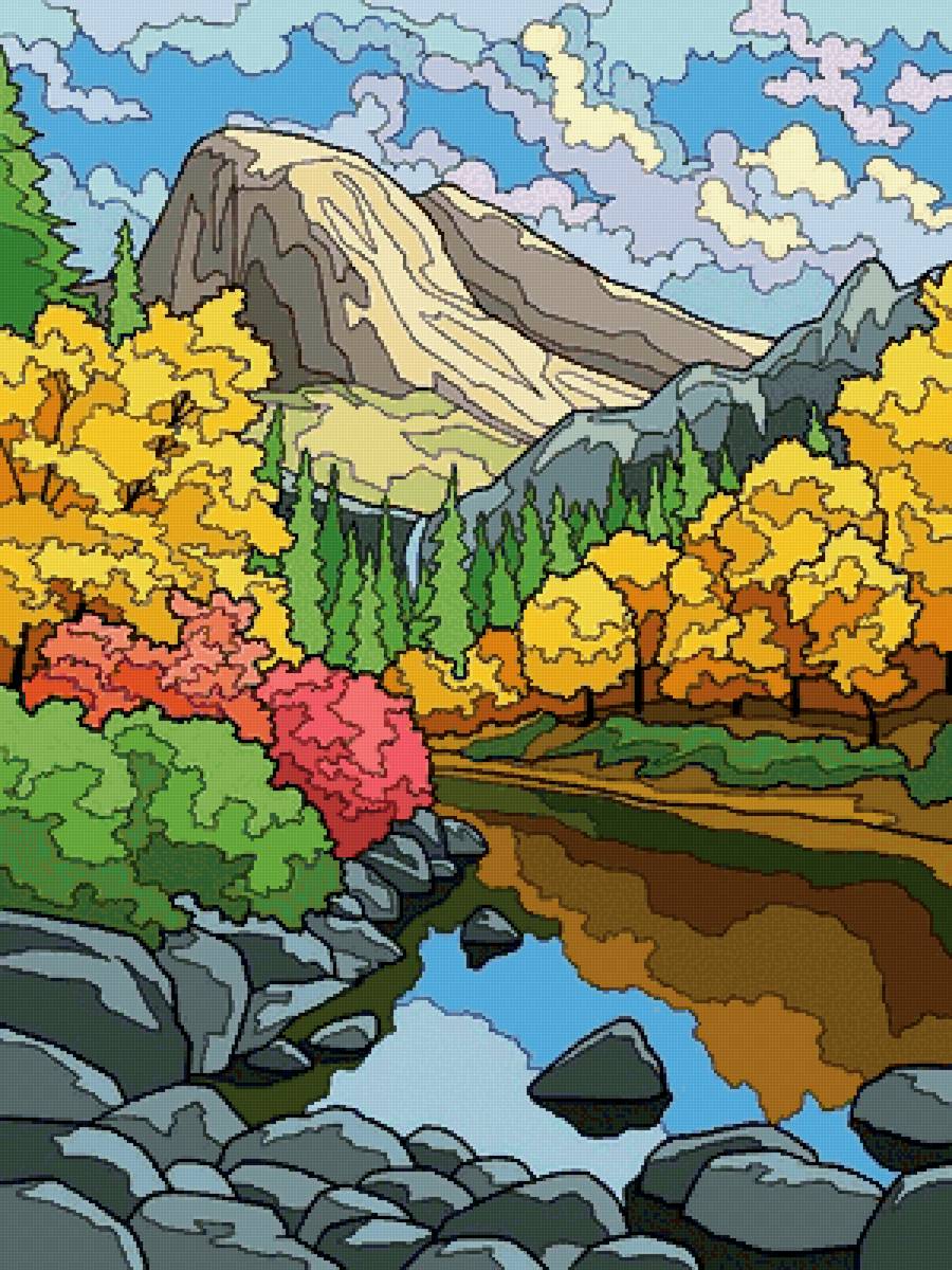 Пейзаж. Иллюстрация 2 - горы, пейзаж, река, лес, природа - предпросмотр