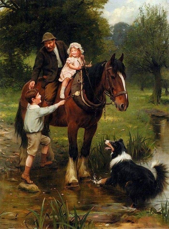 Конная прогулка - собаки, люди, лошади, дети - оригинал