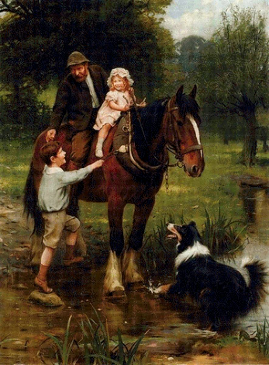 Конная прогулка - люди, лошади, собаки, дети - предпросмотр