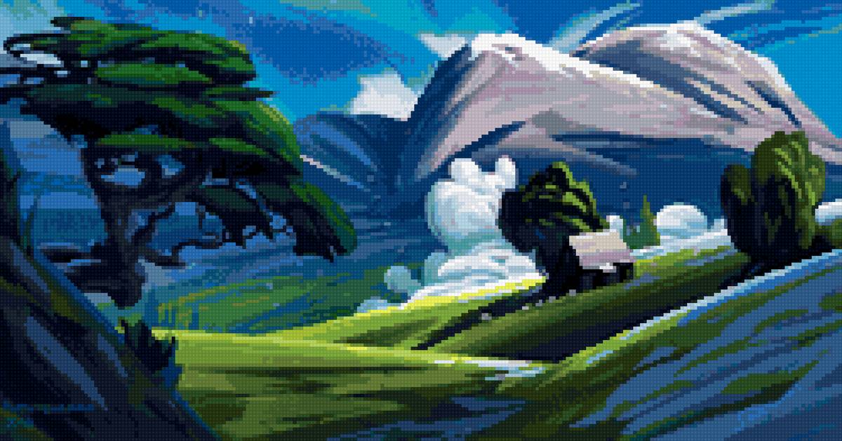 Горный пейзаж - пейзаж, краски, арт, горы - предпросмотр