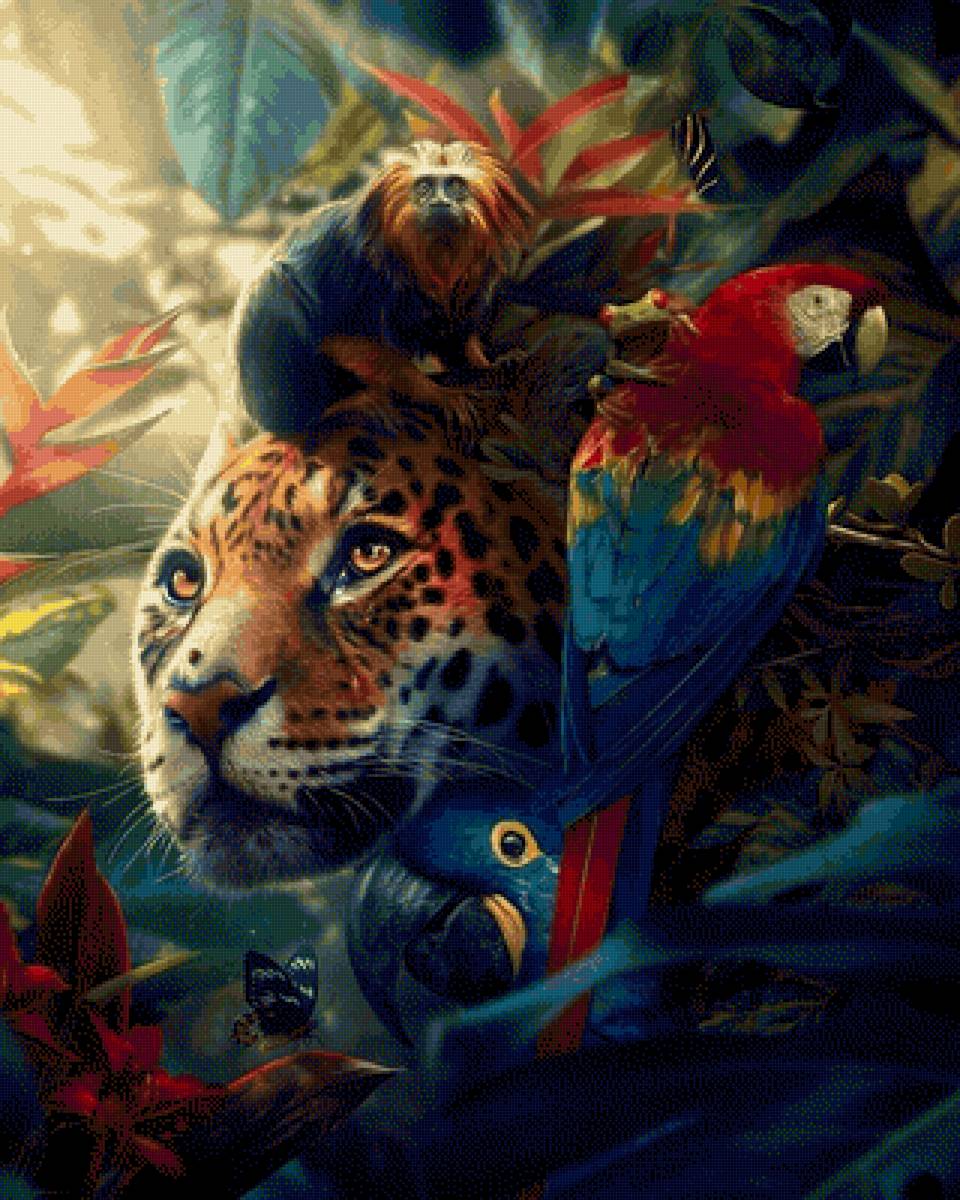 Джунгли - попугай, звери, джунгли, леопард - предпросмотр