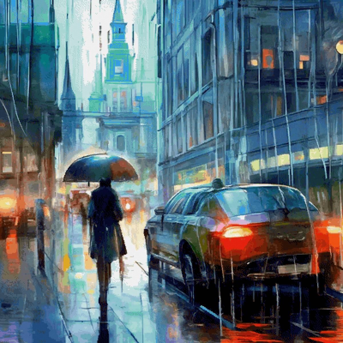 Дождь в городе - городской пейзаж - предпросмотр