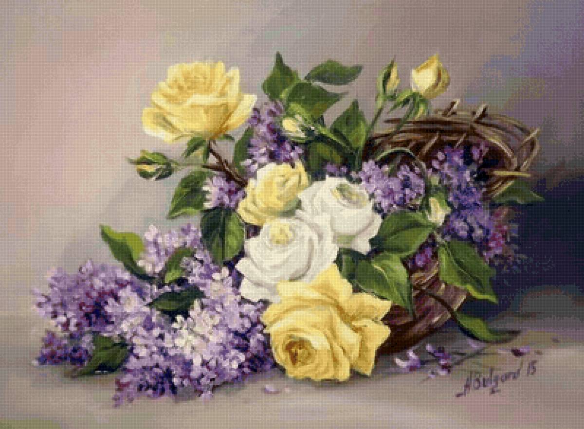 Розы, сирень в карзине - розы, сирень - предпросмотр