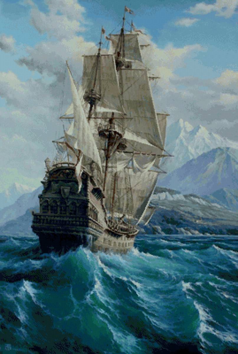 Галеон - корабль, волны, берег, небо, море, горы - предпросмотр
