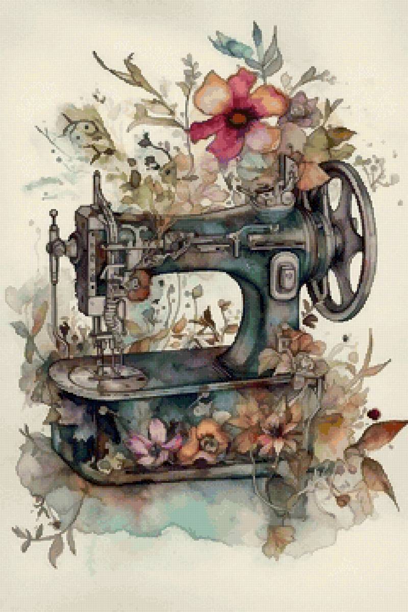 Швейная машинка мечты) - швейная машинка., акварель, цветы - предпросмотр