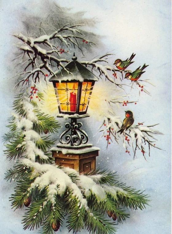 Фонарь и птички - птицы, фонарь, зима - оригинал