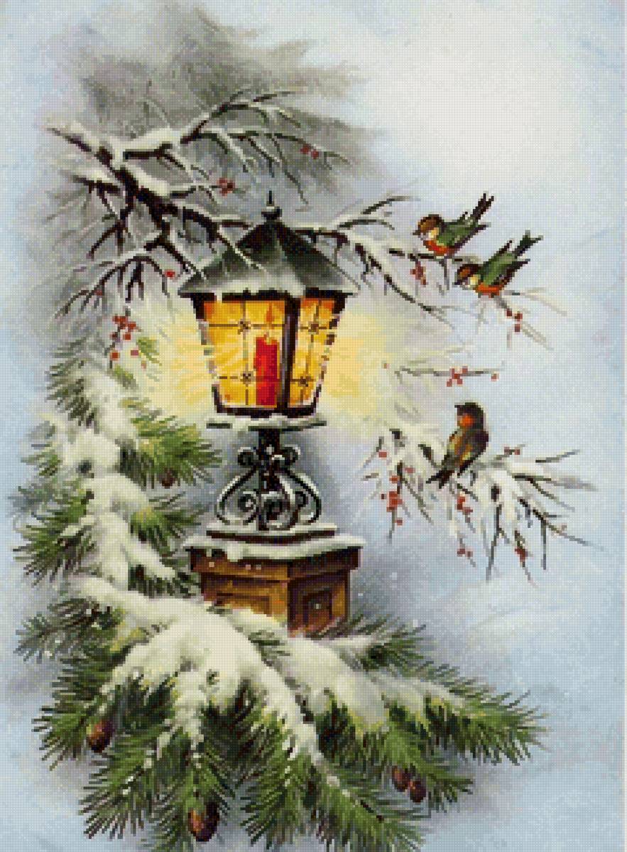 Фонарь и птички - фонарь, зима, птицы - предпросмотр