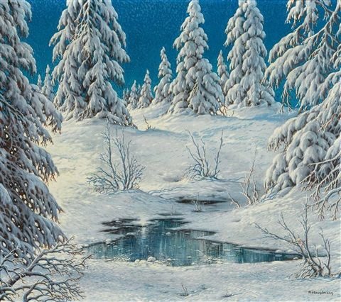 Зимний вечер - деревья, зима, пейзаж, снег - оригинал