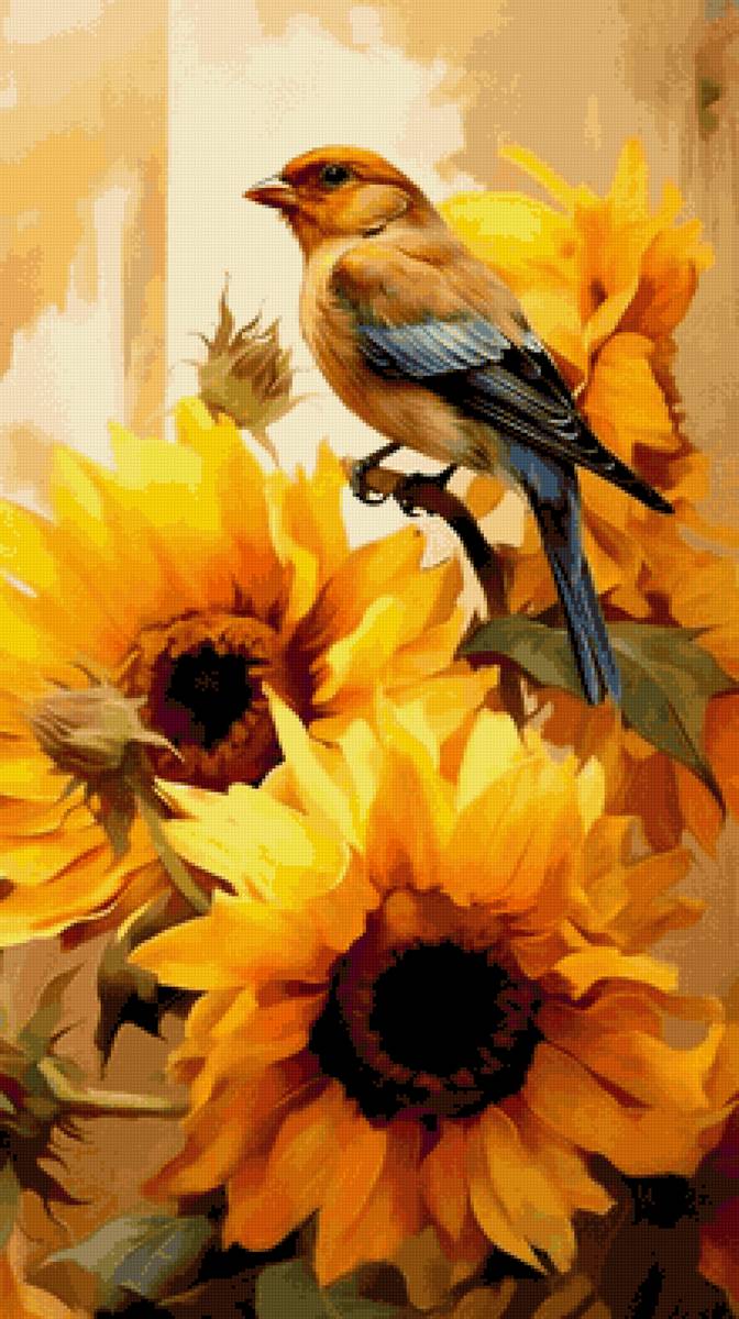 Подсолнухи - подсолнухи, птица - предпросмотр