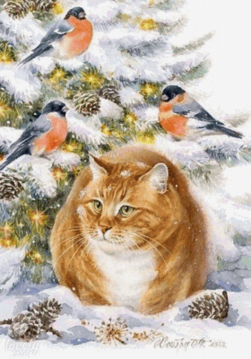 Новогоднее - снег, огоньки, снегири, кот, елка - предпросмотр
