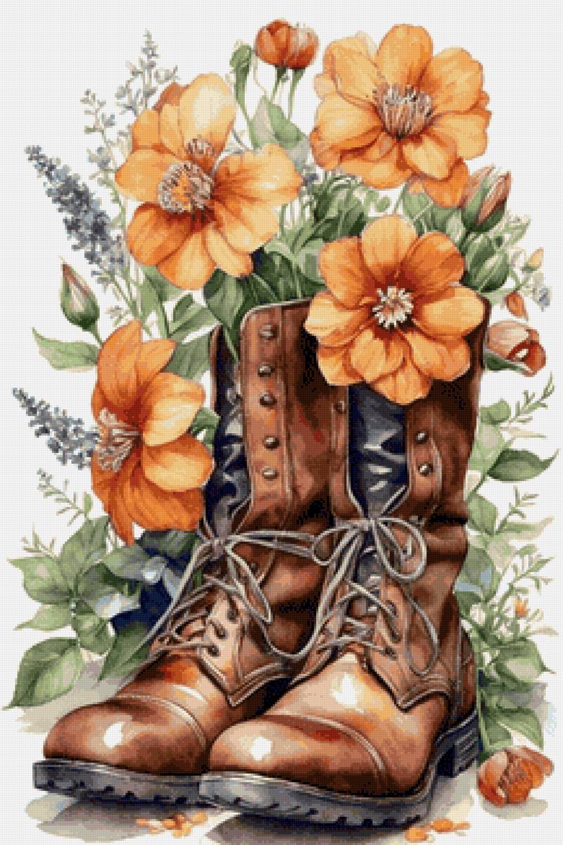 Клумба - цветы, лето, сапоги - предпросмотр