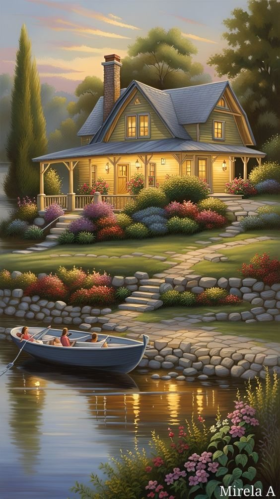 Дом у реки - лодка, река, дом - оригинал