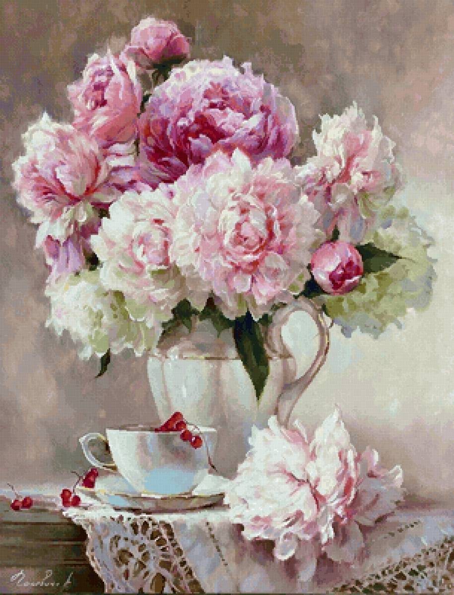 Аромат лета - чай, букет, фарфор, пионы - предпросмотр