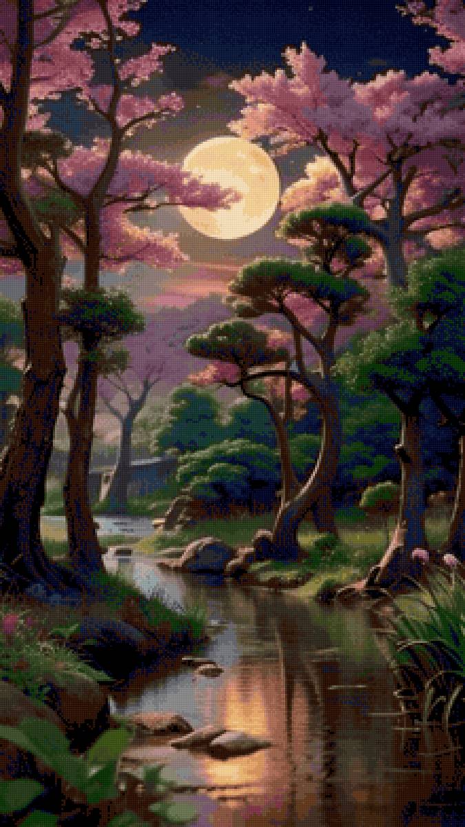 Ночной пейзаж - река, лес, ночь, луна - предпросмотр