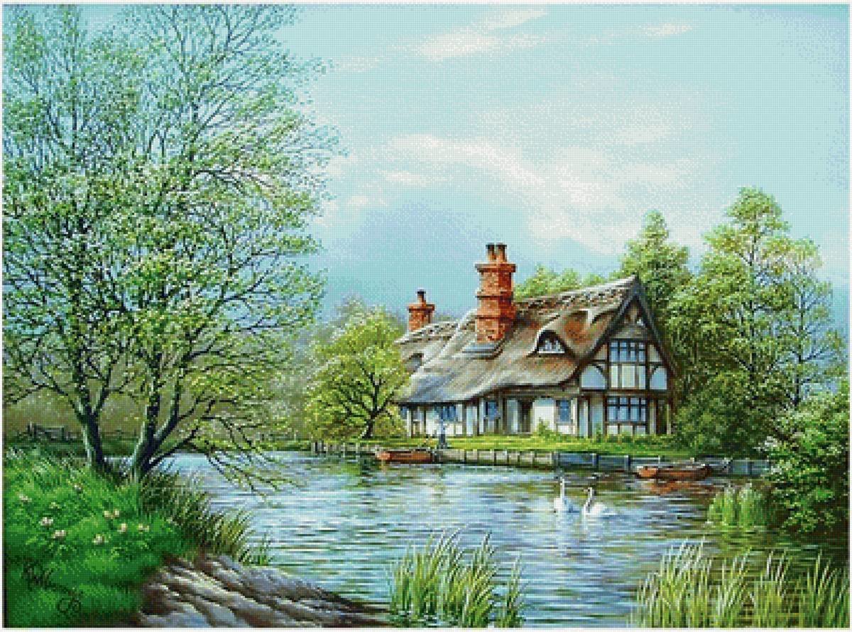 Река домов картина. Домик у озера. Вышивка дом у реки. Картина дом. Картина домик на берегу реки.