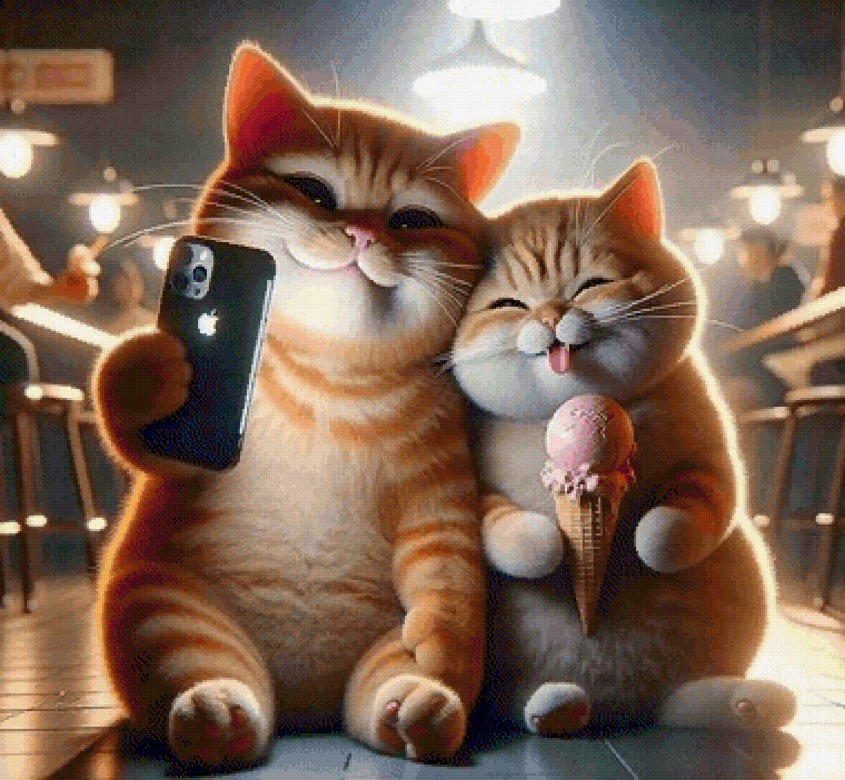 Рыжики - рыжий кот, селфи, бар, вечеринка, телефон, мороженое - предпросмотр